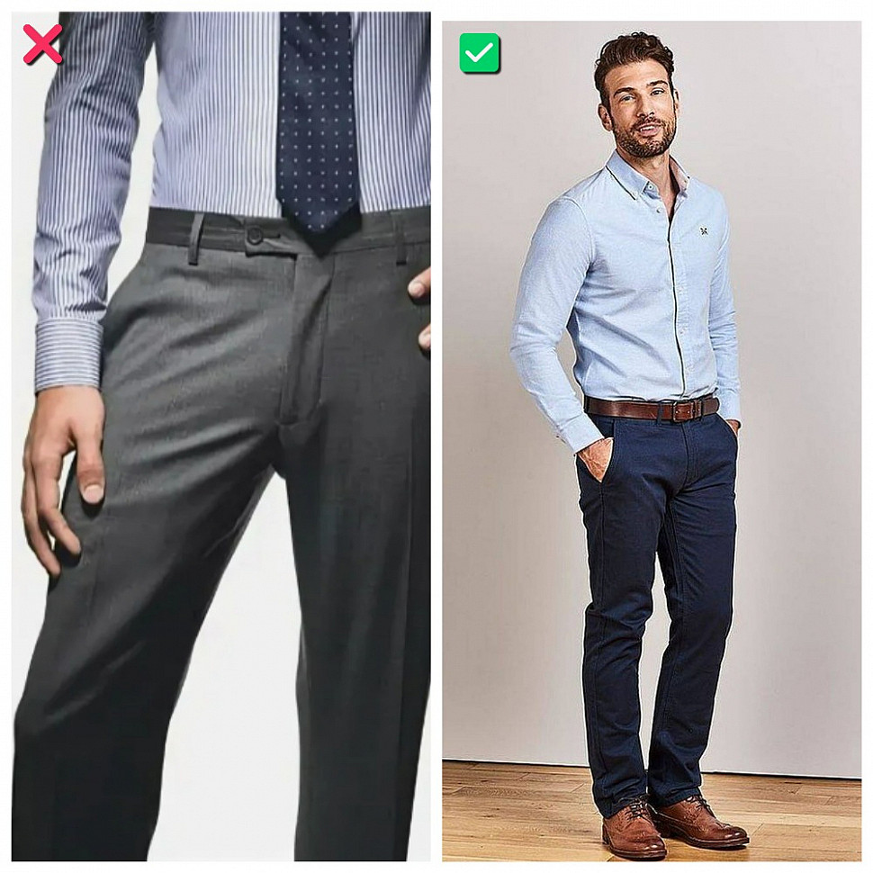 Мужская рубашка заправлена в брюки без ремня