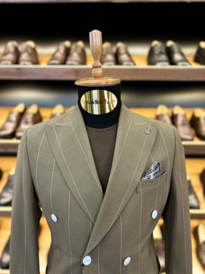 Костюм MAZALTOVMAN 2-ка Двубортный Premium Темно-бежевый в полоску