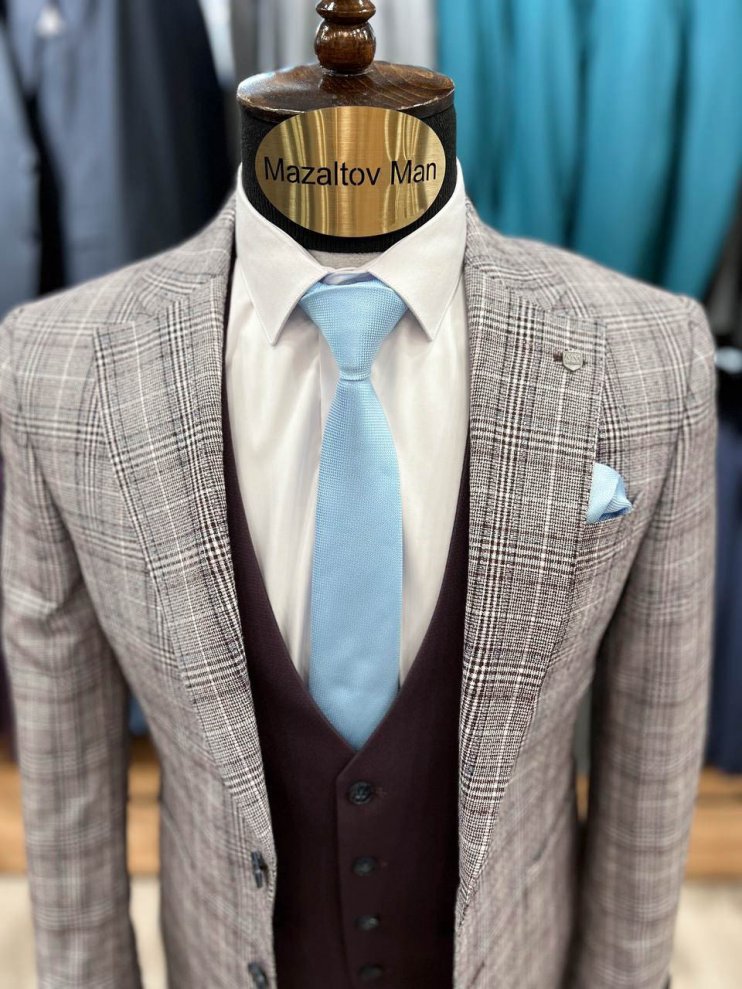 Костюм MAZALTOVMAN 3-ка Premium Бордовый в клетку комбинированный